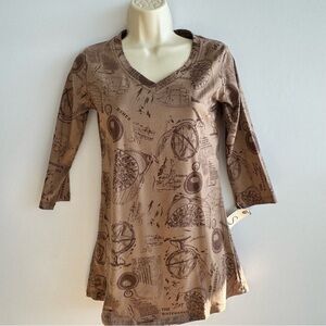 Brown Compass Map Print Tunic Top V Neck Long Sleeve Small